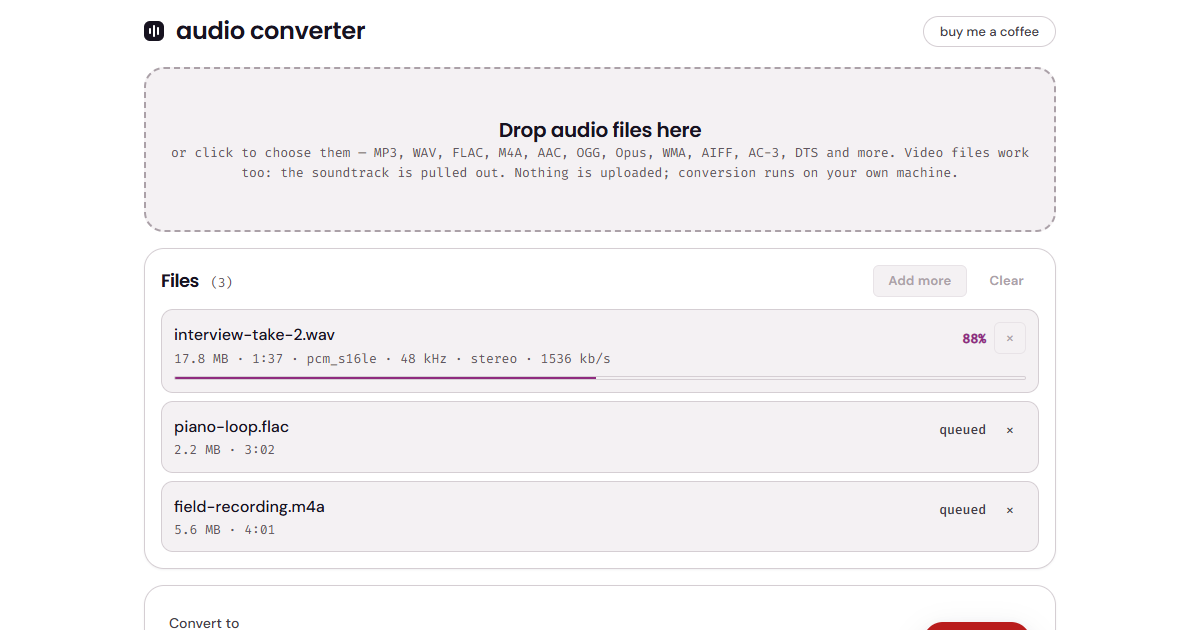 The audio converter, showing a batch of files with their codecs and lengths above a format selector.