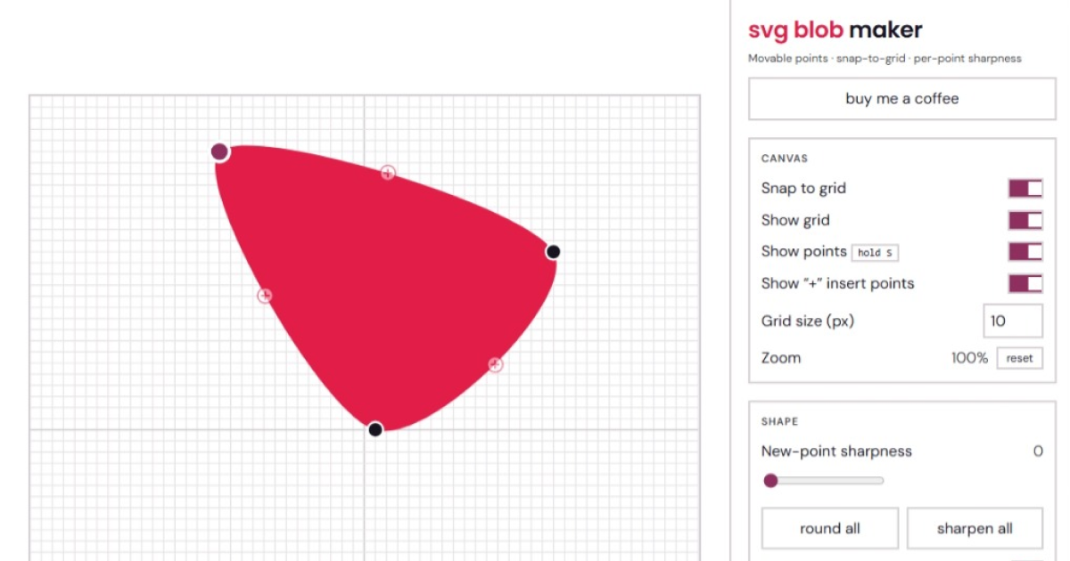 The blob maker, showing a rose blob on the grid with its draggable control points.