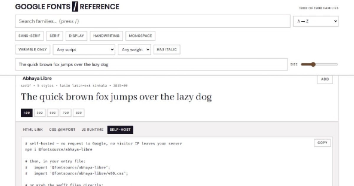 The Google Fonts reference sheet, showing a family specimen with its self-host embed code.