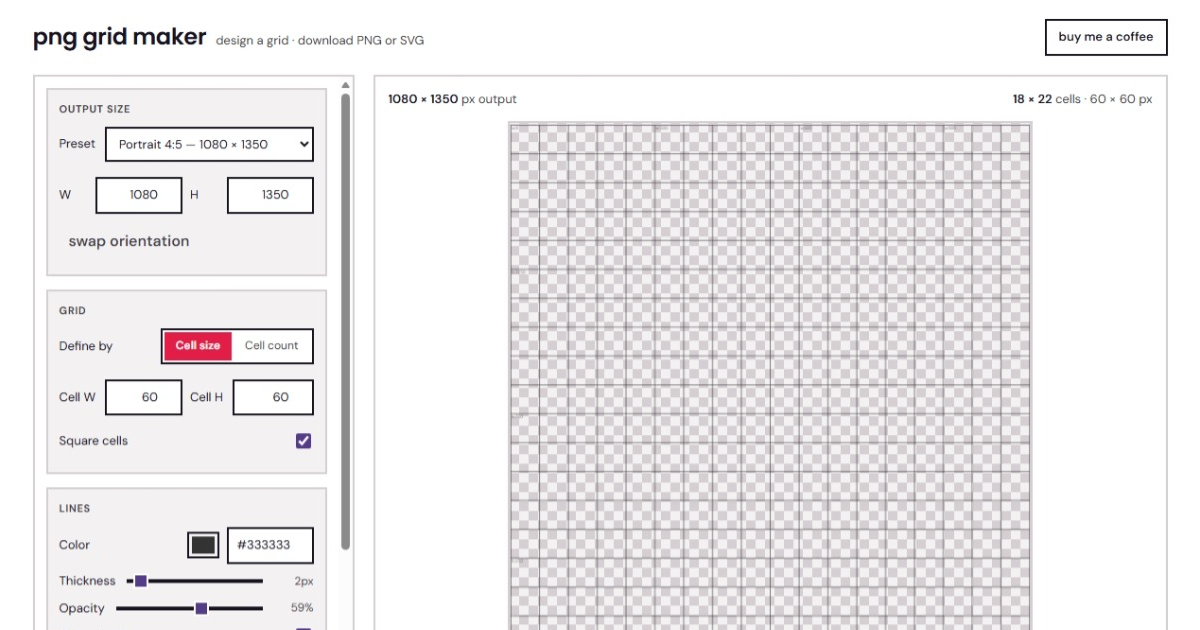 The grid maker, showing a grid preview beside its size and colour controls.
