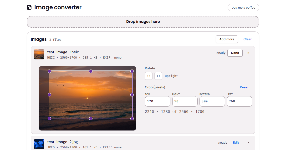 The image converter with three photographs in the list, one open for cropping with the frame drawn on its preview, the output format set to JPEG.
