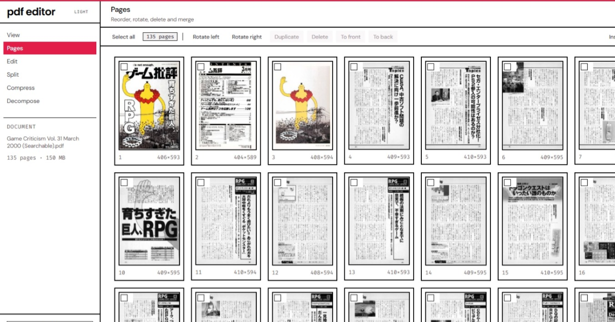 The Pages view of PDF Editor, showing a 135-page document as a thumbnail grid.