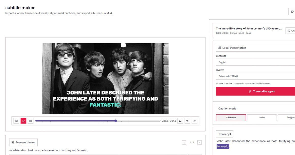 The subtitle maker editor, showing a video with a timed transcript beside it.